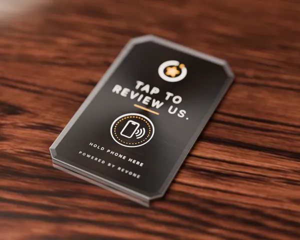 Vertical black NFC card on a wooden table reading Tap to review us.