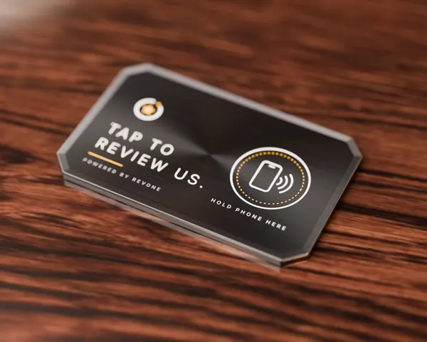 Horizontal black NFC card on a wooden table with a tap ring.